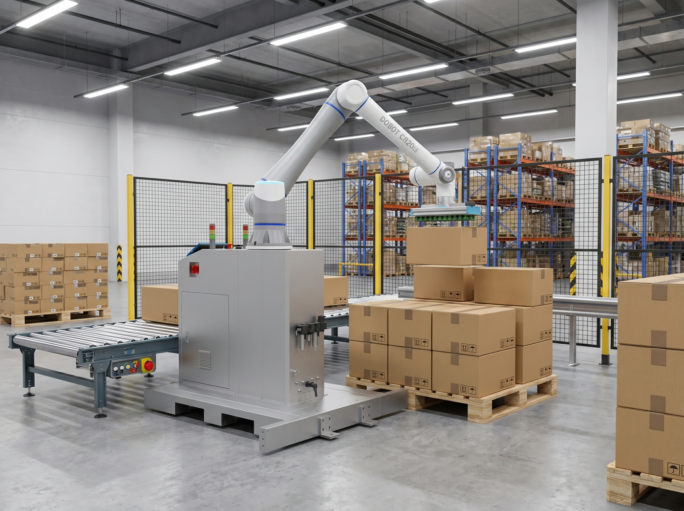 DOBOT CRA Roboterarm mit Vakuumgreifer beim Kartonhandling