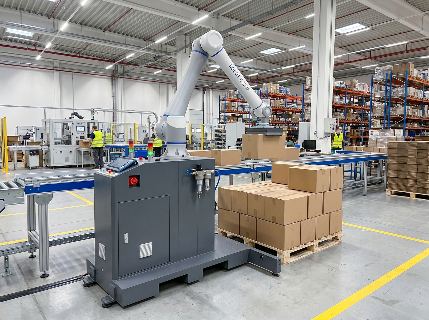 DOBOT CRA Palletierlösung in moderner Logistik- und Produktionshalle