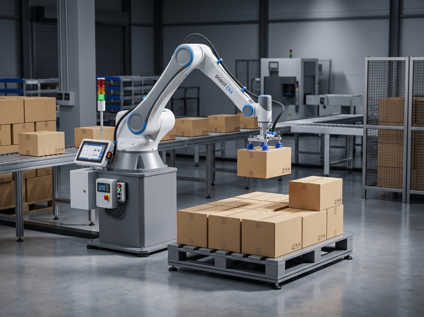DOBOT CRA Palletiermaschine in kompakter Produktionsumgebung