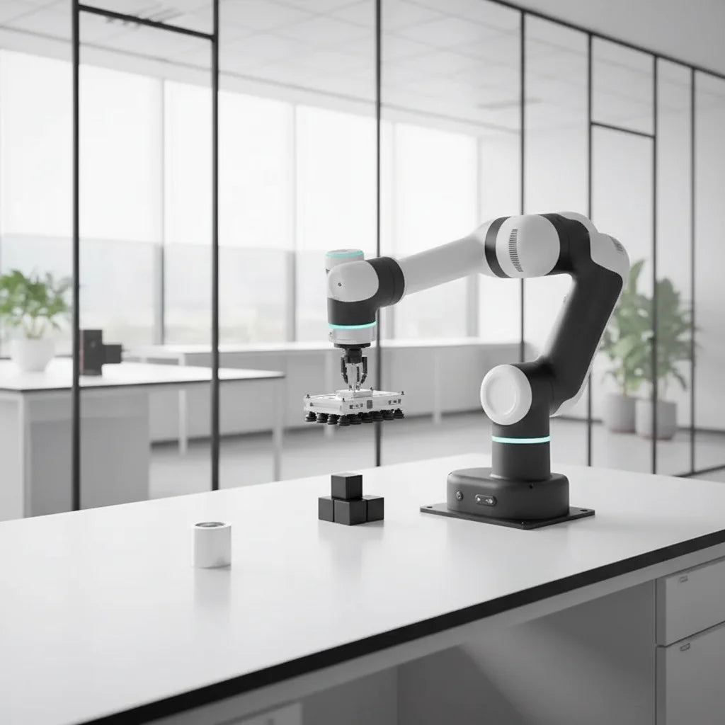 Ein kollaborativer Dobot E6 Roboterarm auf einem weißen Tisch in einer modernen, hellen Labor- oder Büroumgebung mit Glaswänden. Er hält ein flaches Modul.