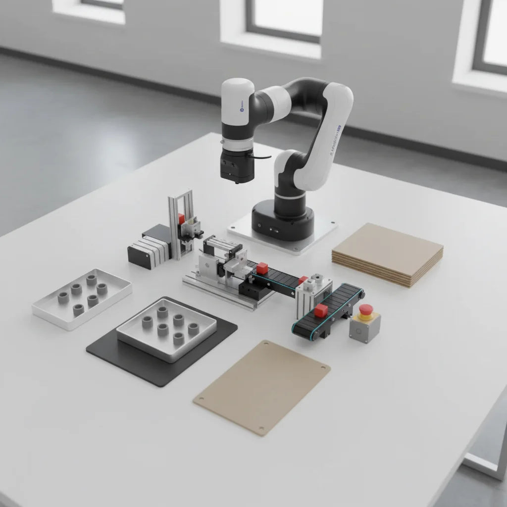 Übersicht eines Dobot E6 Baukasten-Setups zur Simulation einer Sortieranlage mit zwei Förderbändern, Werkstückträgern und Pappe-Modulen.