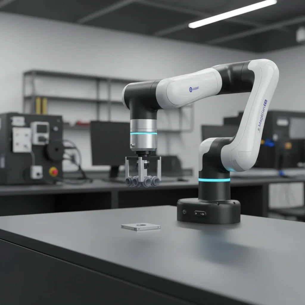 Nahaufnahme eines kollaborativen Dobot E6 Roboterarms, der mit einem Vakuumgreifer ein kleines Metallwerkstück präzise über einer Fläche positioniert.