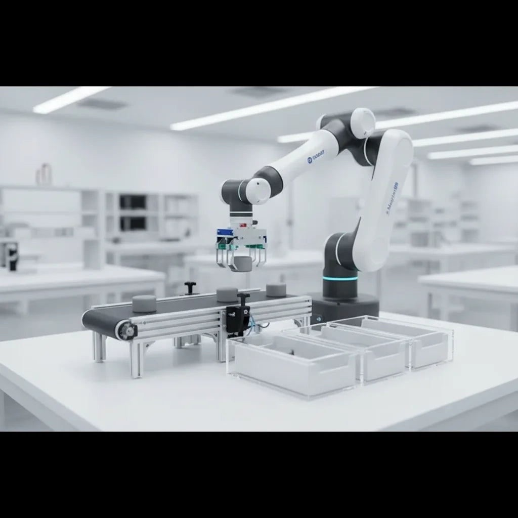 Dobot E6 kollaborativer Roboter, der Teile von einem industriellen Förderband in klare Kunststoffbehälter sortiert. Präzise Handhabung in der Automation.