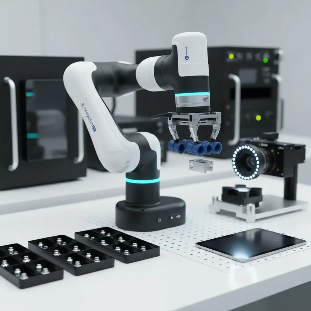 Dobot E6 Roboterarm im Einsatz mit einem Vision-System (Kamera) für die automatisierte Qualitätskontrolle und Inspektion von Metallteilen.