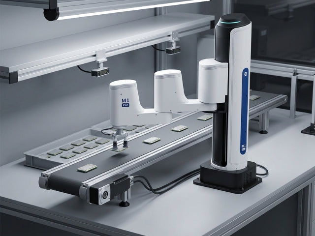 DOBOT M1 Pro beim dynamischen Greifen von Produkten auf einem Förderband