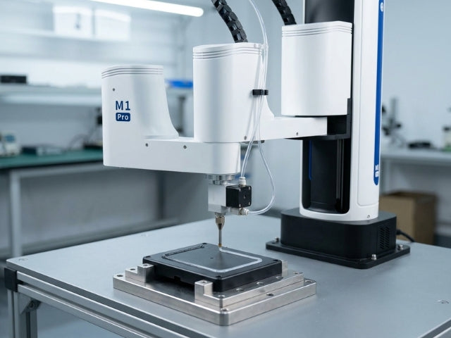 DOBOT M1 Pro beim präzisen Auftragen von Klebstoff auf ein kleines Bauteil