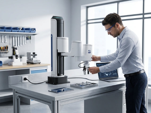 DOBOT M1 Pro kompakter SCARA-Roboter im All-in-One-Design bei Einrichtung und Inbetriebnahme am Arbeitsplatz