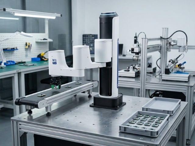 DOBOT M1 Pro beim schnellen Sortieren kleiner Bauteile in einer kompakten Produktionszelle
