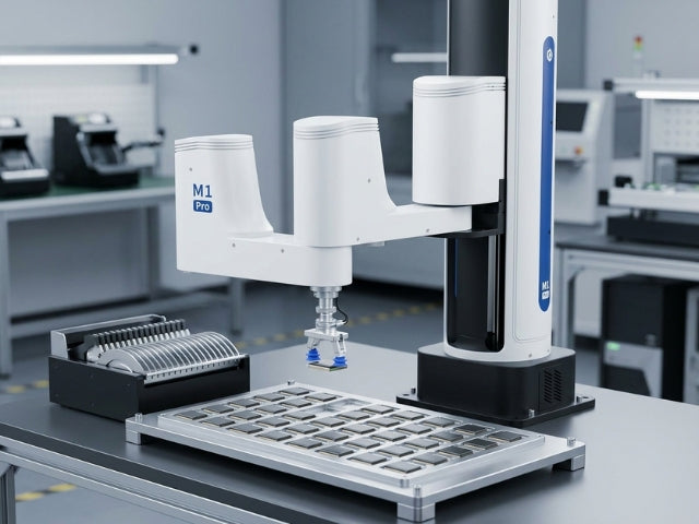 DOBOT M1 Pro SCARA-Roboter bei präzisen und wiederholgenauen Pick-and-Place-Prozessen mit kleinen Bauteilen in der industriellen Automatisierung