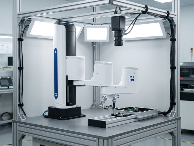 DOBOT M1 Pro bei der kameragestützten Qualitätsprüfung einer elektronischen Leiterplatte