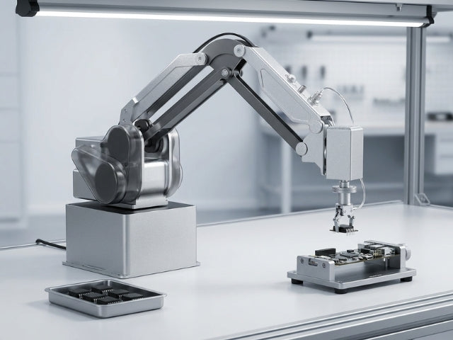 DOBOT MG400 Desktop-Roboter mit 440 mm Arbeitsradius beim präzisen Pick-and-Place kleiner Bauteile