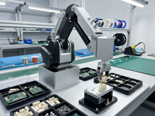 DOBOT MG400 beim automatisierten Auftragen von Klebstoff auf ein kleines Bauteil