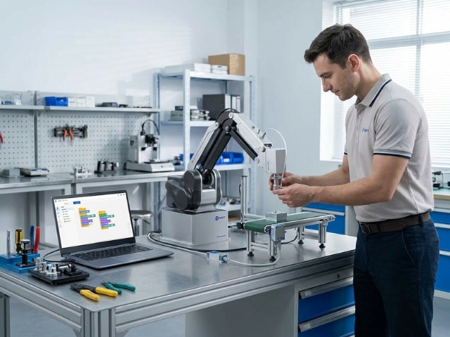 DOBOT MG400 Desktop-Roboter bei der Drag-to-Teach-Programmierung und Systemintegration an einem Automatisierungsarbeitsplatz