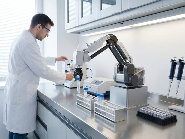 DOBOT MG400 beim automatisierten Handling kleiner Probengefäße in einem Labor