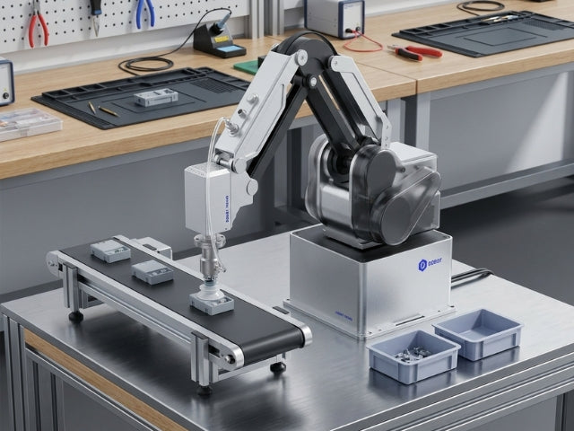 DOBOT MG400 beim präzisen Sortieren kleiner Bauteile auf einem Arbeitstisch