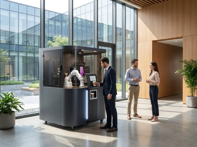 DOBOT Nova2 Coffee Bar bei der automatisierten Kaffeeausgabe auf einem Hochschulcampus