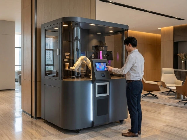 DOBOT Nova2 Coffee Bar an einem stark frequentierten Flughafen-Terminal