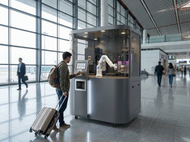 DOBOT Nova 2 Cobot als automatisierte Coffee-Bar in einem Flughafen für selbstständige Kaffeezubereitung im Reisebereich