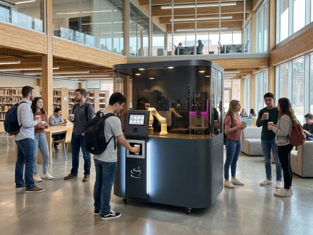 DOBOT Nova 2 Cobot als automatisierte Kaffee-Bar in einer Hochschule für selbstständige Kaffeezubereitung im Campusbereich