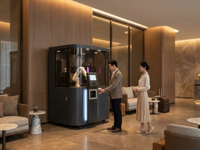 DOBOT Nova 2 Cobot als automatisierte Coffee-Bar in einem modernen Hotel- und Hospitality-Bereich