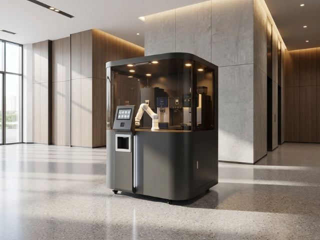 DOBOT Nova2 Coffee Bar bei der digitalen Getränkeausgabe in einer Hotellobby