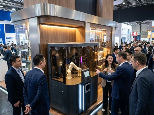 DOBOT Nova 2 Cobot als automatisierte Kaffee-Bar auf einer Messe für interaktive Getränkeausgabe und Event-Automatisierung