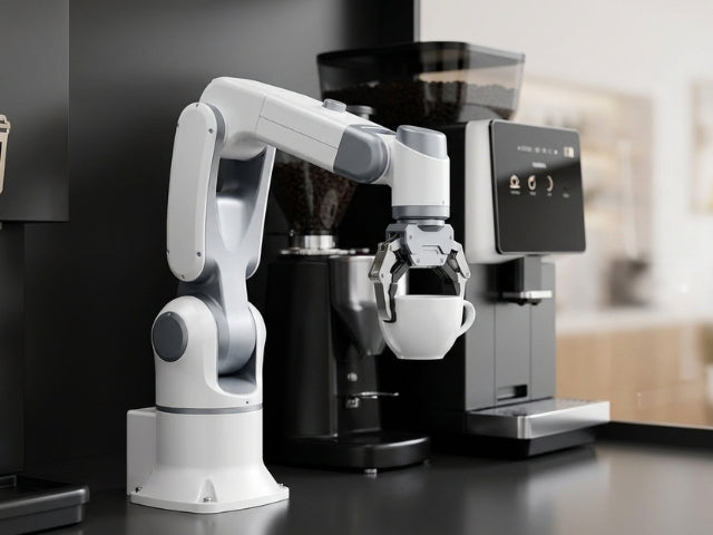 DOBOT Nova2 Coffee Bar als automatisierte Kaffeestation in einem modernen Bürogebäude