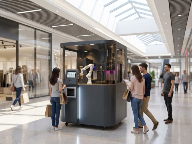 DOBOT Nova2 Coffee Bar als interaktive Kaffeestation auf einer Messeveranstaltung