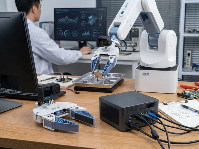 DOBOT Pocket Go bei KI-Training und Inferenz mit Roboterarm, Kamera und Edge-Computing-System in einer Laborumgebung