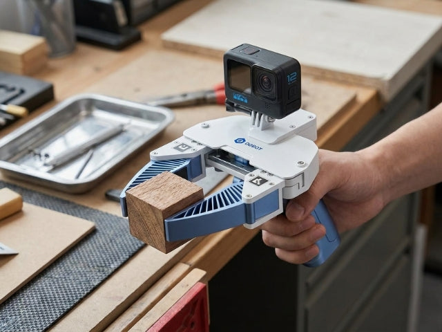 DOBOT Pocket Go mit Kamera und IMU beim Greifen eines Holzblocks zur 6D-Pose-Erfassung für Robotik- und KI-Training