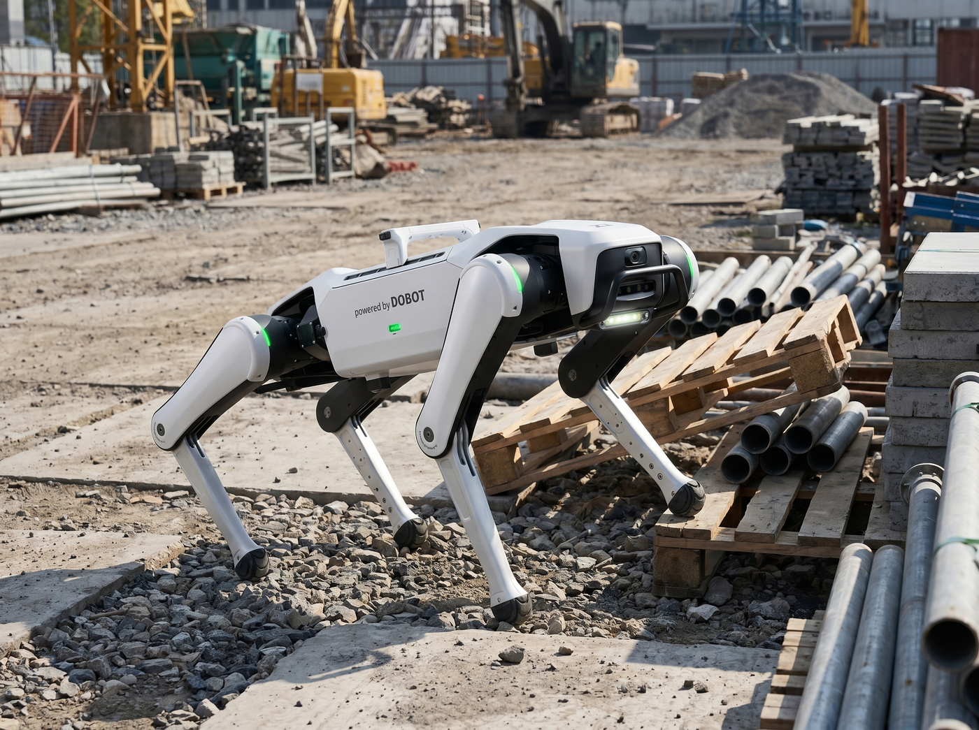 DOBOT Rover X1 Roboterhund auf einem modernen Campusgelände