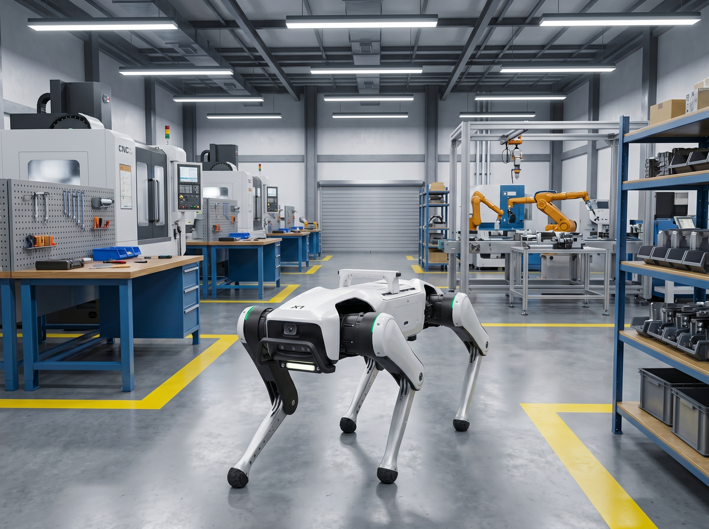 DOBOT Rover X1 Roboterhund in einer modernen Produktionsumgebung