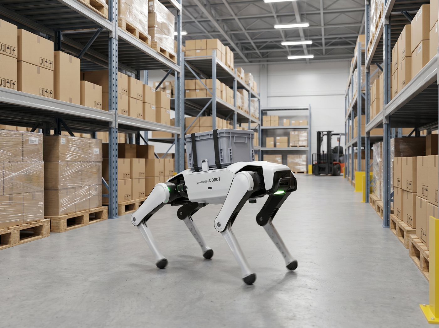 DOBOT Rover X1 Roboterhund in einem Lagerbereich zwischen Regalen
