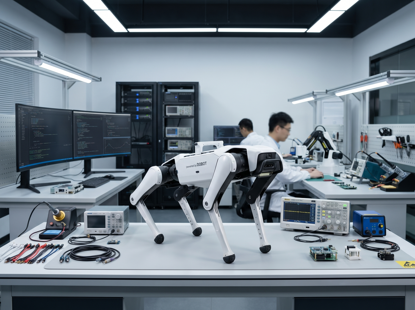 DOBOT Rover X1 Roboterhund in einem Robotiklabor mit Testumgebung