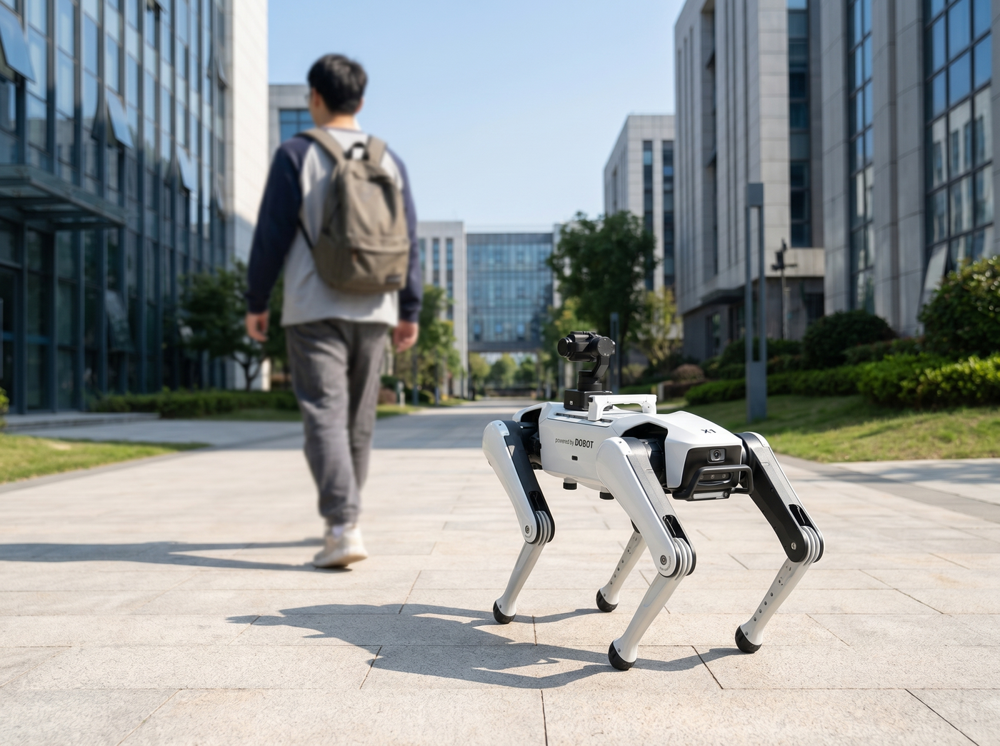 DOBOT Rover X1 Roboterhund auf einem Firmengelände für mobile Video- und Follow-Anwendungen