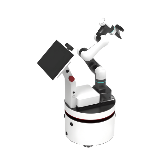 DOBOT Magician E6 auf mobiler ROS-Roboterplattform mit Greifer und Touchscreen für autonome Robotik-Anwendungen