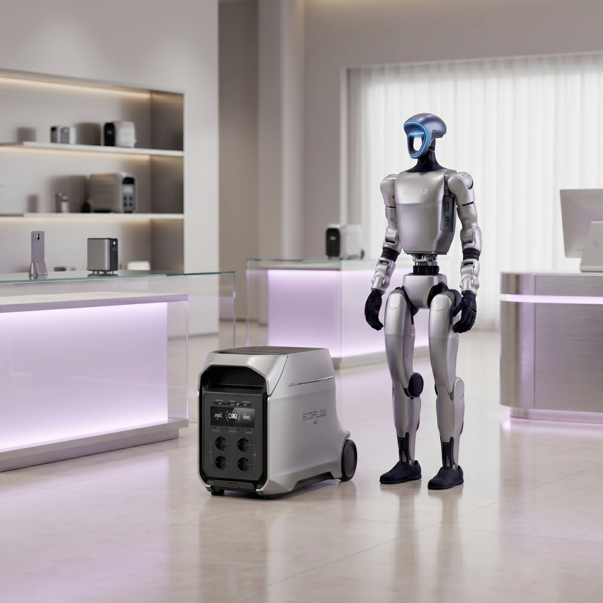 EcoFlow DELTA 3 Ultra Plus neben humanoidem Roboter in moderner Messe- oder Demo-Umgebung