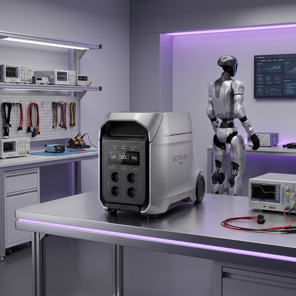 EcoFlow DELTA 3 Ultra Plus neben humanoidem Roboter in hochwertigem Robotics-Workspace