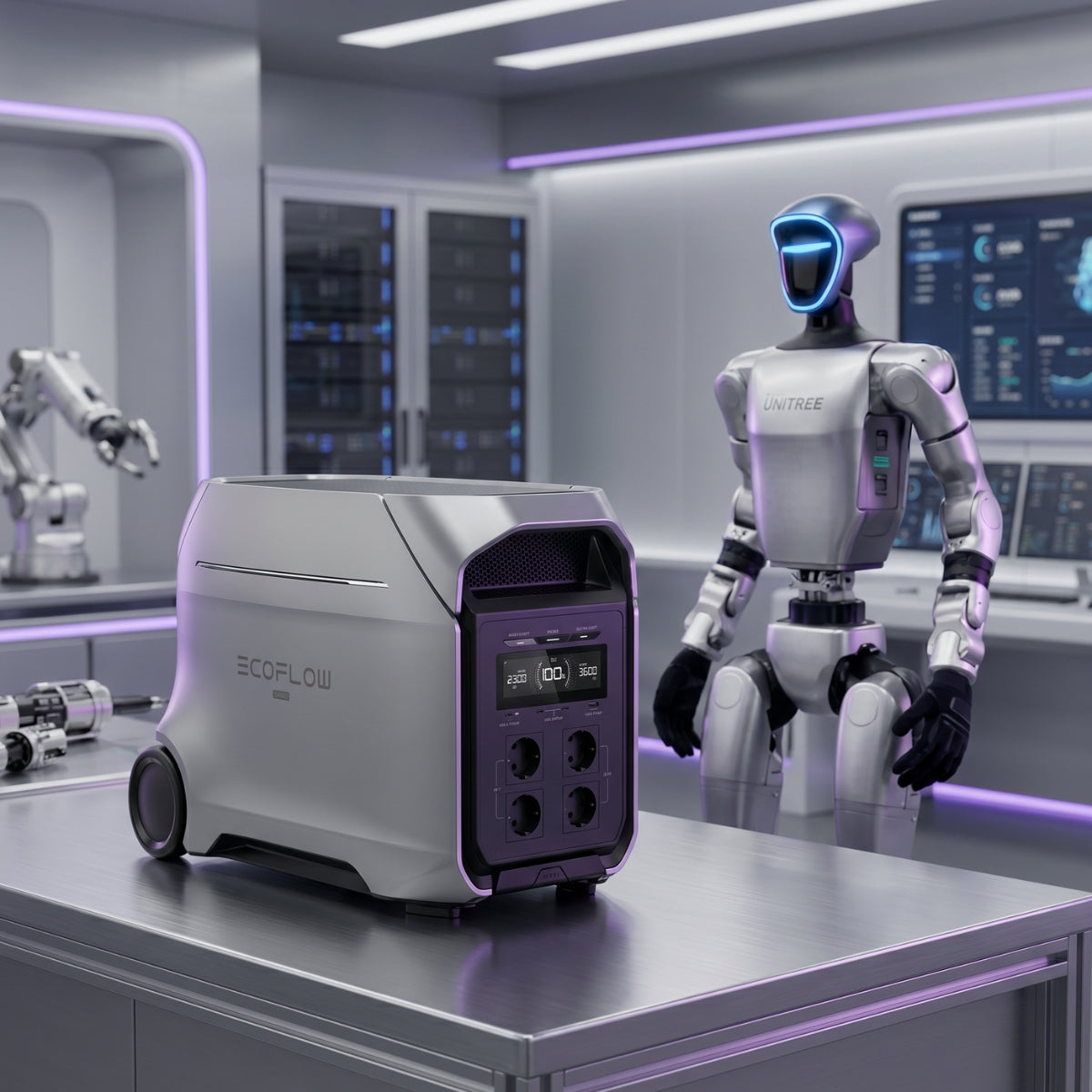 EcoFlow DELTA 3 Ultra Plus neben humanoidem Roboter in moderner Robotics-Umgebung