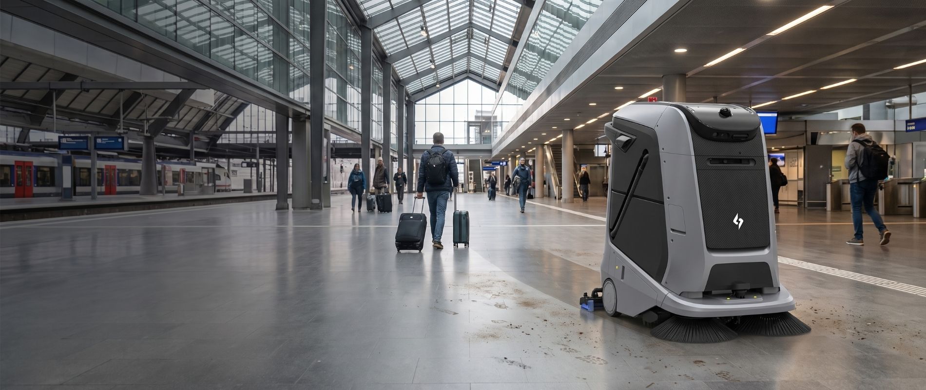 Gausium Marvel Reinigungsroboter bei der autonomen Bodenreinigung in einer modernen Bahnhofshalle