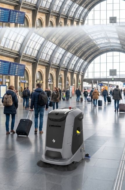 Gausium Marvel Reinigungsroboter bei der autonomen Bodenreinigung in einer belebten Bahnhofshalle