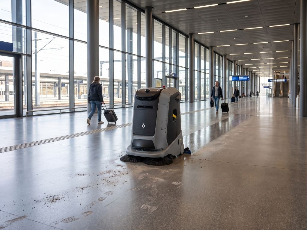 Gausium Marvel Reinigungsroboter bei der autonomen Bodenreinigung in einem modernen Bahnhofsgang