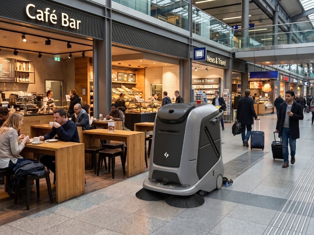Gausium Marvel Reinigungsroboter bei der autonomen Bodenreinigung im Gastronomie- und Wartebereich eines Bahnhofs