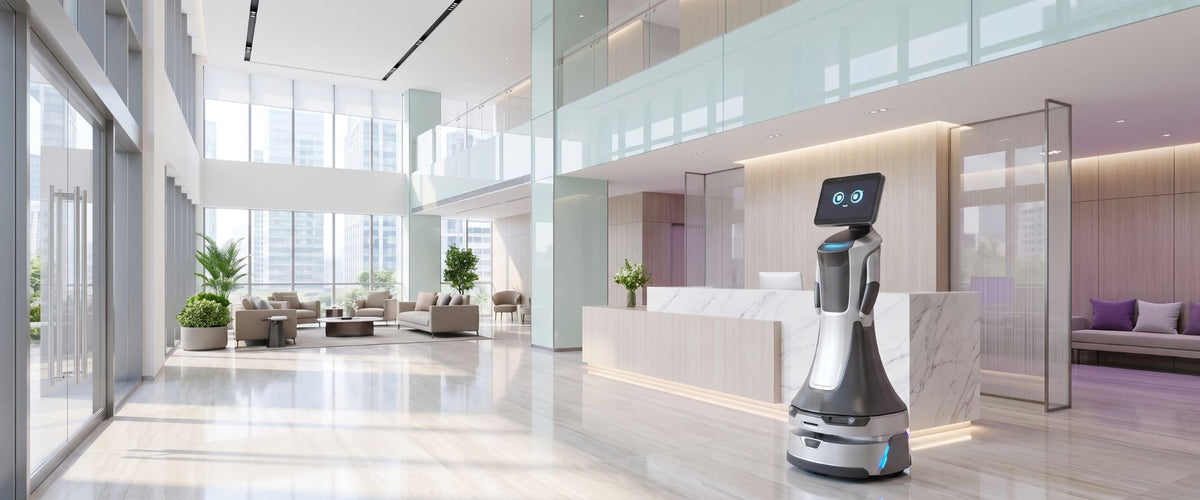 OrionStar GreetingBot Nova Empfangsroboter in einem modernen Unternehmensfoyer zur Begrüßung und Besucherführung