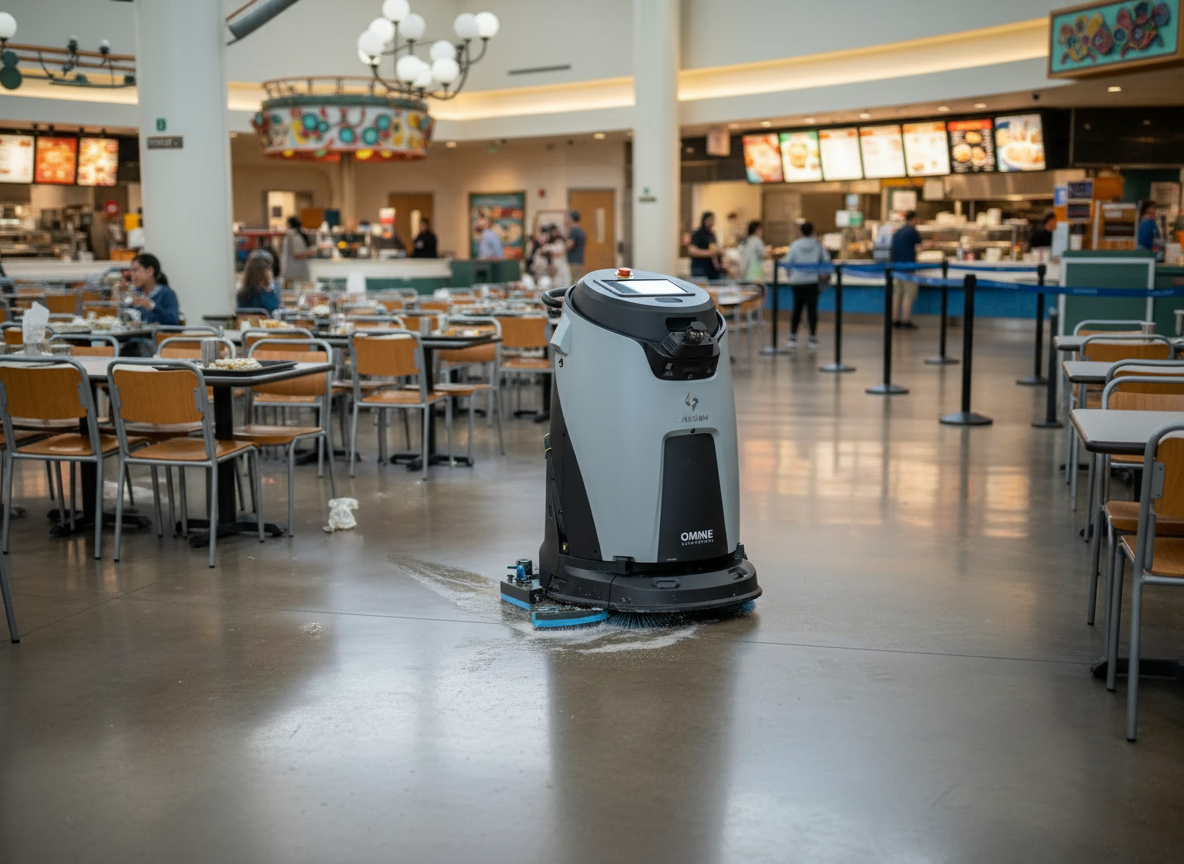 Autonomer Reinigungsroboter bei der Bodenreinigung in einer Gastronomiehalle mit Sitzbereich.