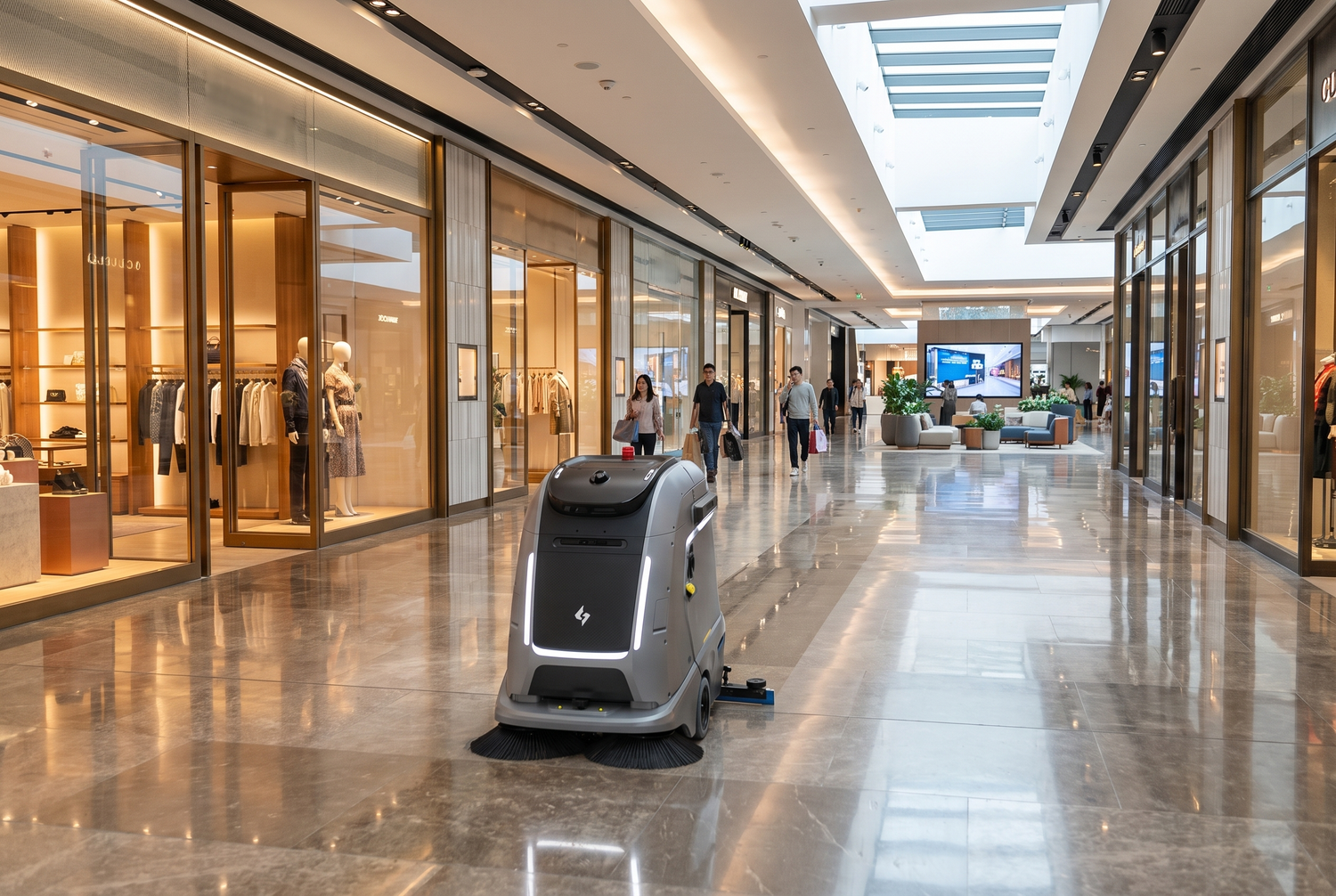 Gausium Marvel reinigt autonom die Laufwege eines modernen Einkaufszentrums