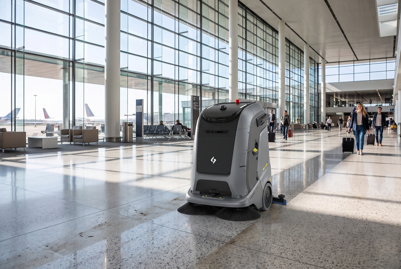 Gausium Marvel bei der autonomen Reinigung einer großen Verkehrshalle