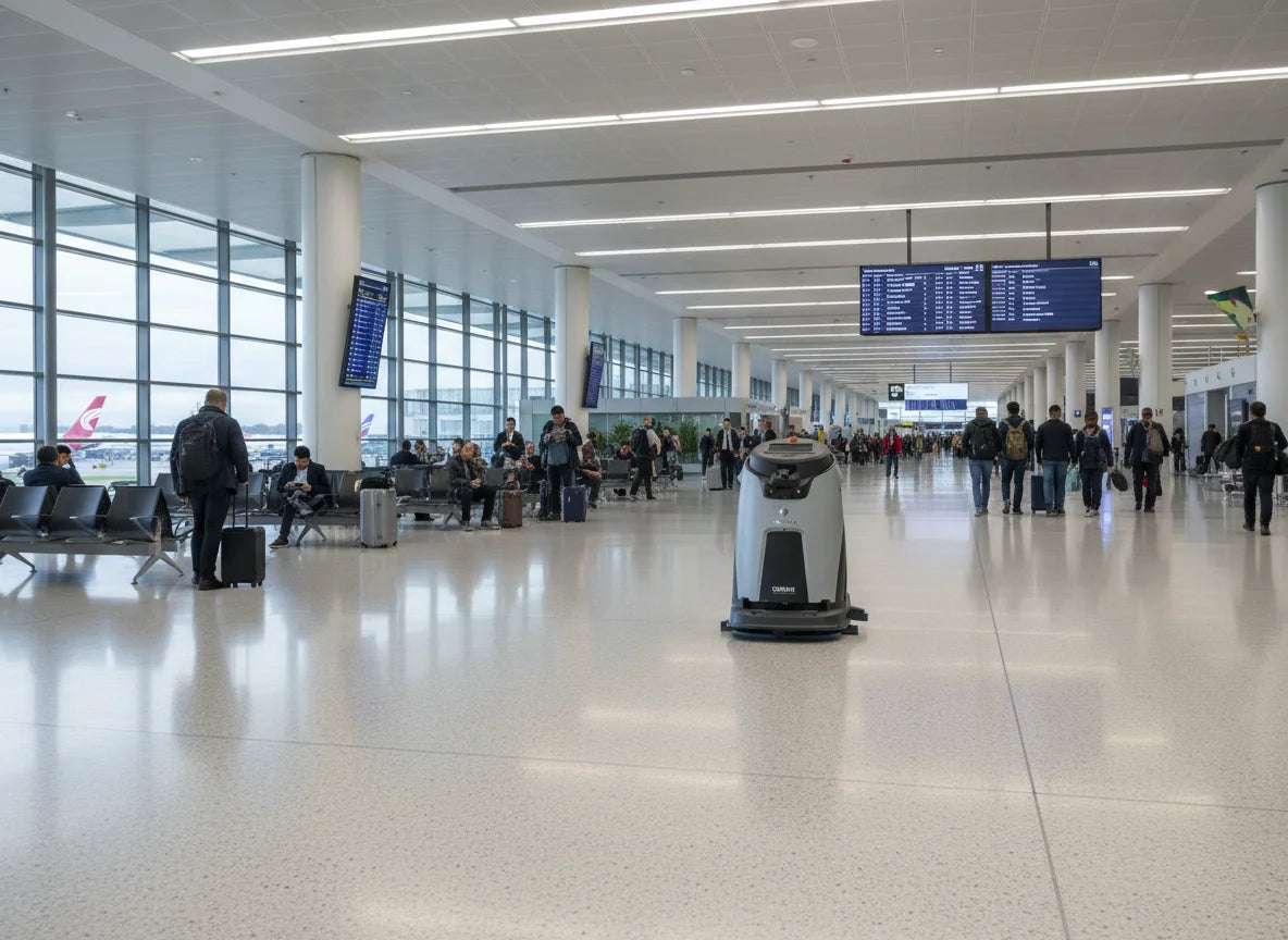 Gausium Omnie Reinigungsroboter bei der autonomen Bodenreinigung in einem Flughafen-Terminal.