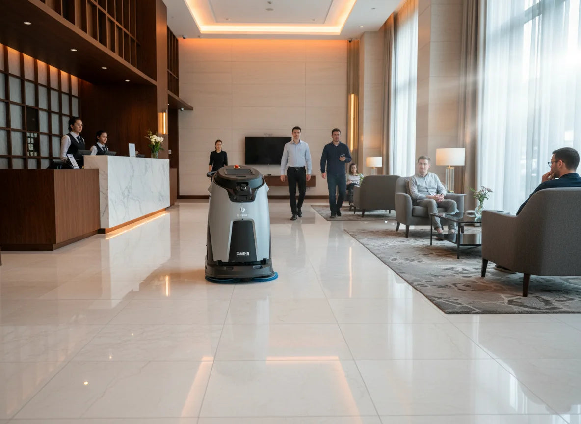 Gausium Omnie Reinigungsroboter bei der autonomen Bodenreinigung in einer Hotellobby.