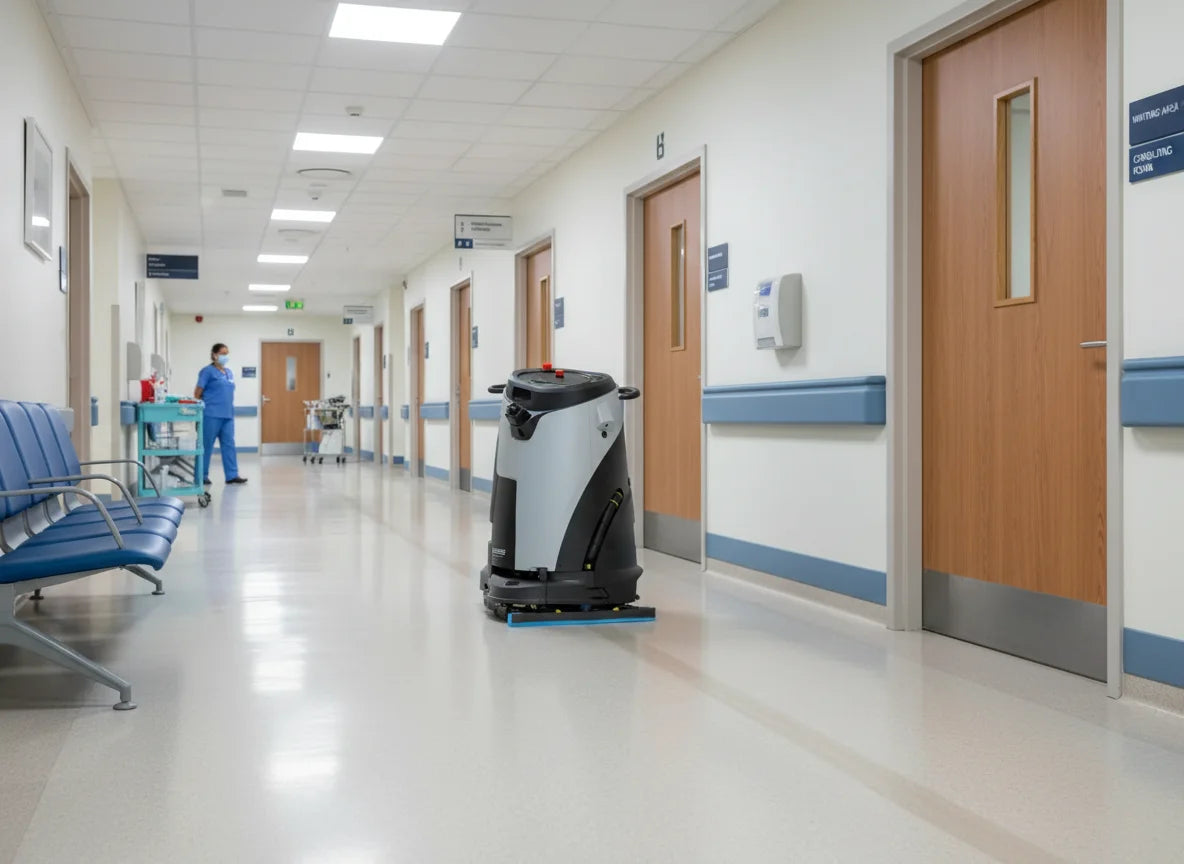 Gausium Omnie Reinigungsroboter bei der autonomen Bodenreinigung in einem Klinikflur.